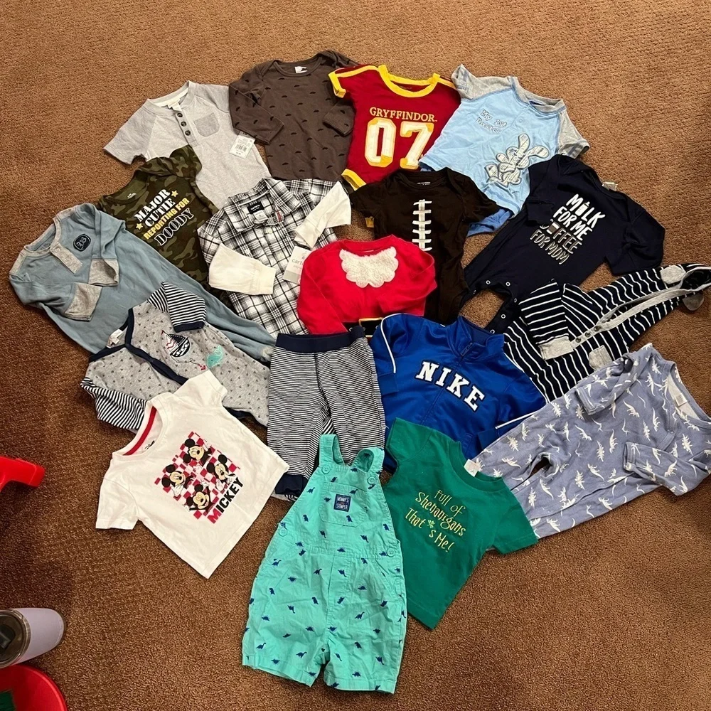 Bundle of 17 Boys Clothing Pieces Size 6-9 Months Pajamas, Tops, Onesies, Pants